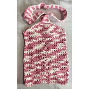 Crochet Boho Bag Shoulder Handmade Colorful Pink/White Open Knit NWOT